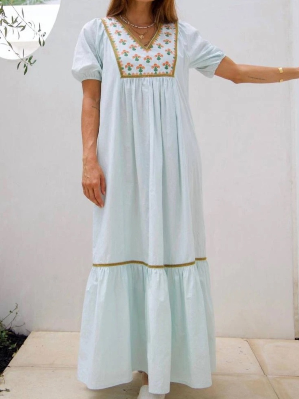 New! Ex Voto Light Blue Embroidered V-Neck Maxi Dress with Puff Sleeves